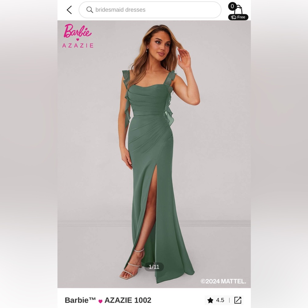 Azazie Green One Shoulder Ruched Gown